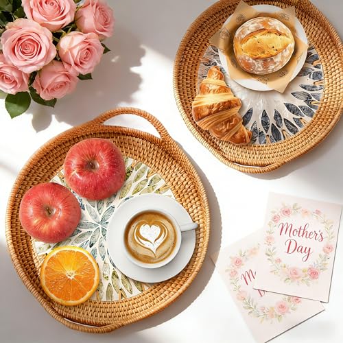 Mothers Day Gifts Set – 3 Handwoven Rattan Trays with Natural Shell Inlay, Boho Decorative Wicker Serving & Coffee Table T...