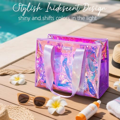 Bagstellar Iridescent Beach Tote Bags for Women, Large Zipper Beach Pool Swim Bag with Makeup Bag & Waterproof Phone Pouch...