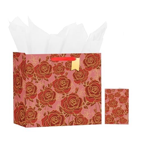 Bloomwords 13" Mother's Day Bags with Card Tissue(Rose Flower) - Birthdays, Valentine’s, Weddings, Anniversaries, Kit incl...