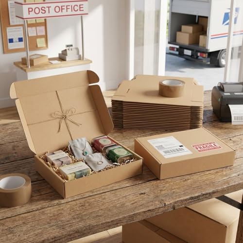 Pemtow 13x10x2 Shipping Boxes Set of 20, Brown Corrugated Cardboard Literature Mailer Box for Packaging, Mailing, Business