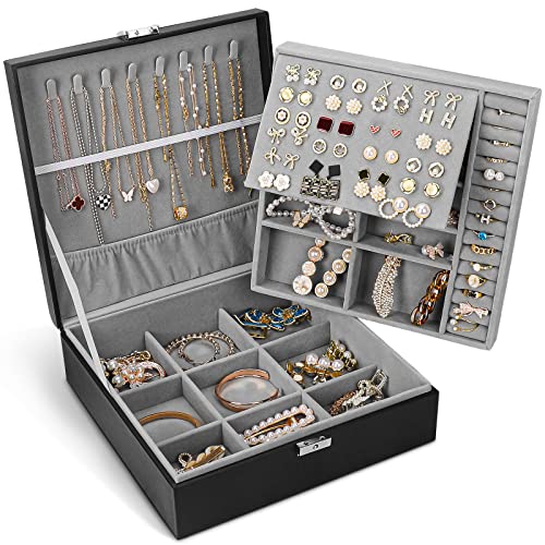 Jewelry Box, Jewelry Boxes for Women & Men with PU Leather, 2 Layer Large Jewelry Organizer Storage Case with Lock, for Ne...