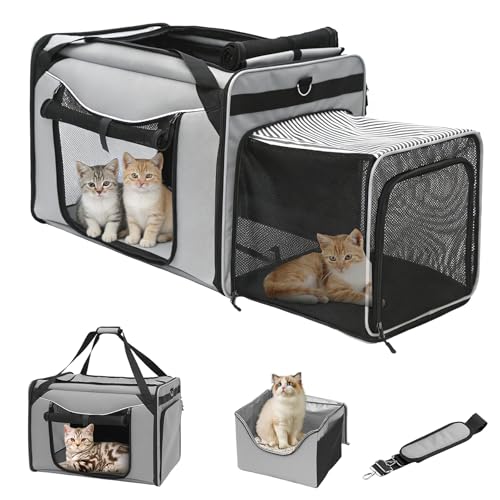 24"x16"x17" Soft Cat Travel Carrier with Litter Box, Expandable Cat Carrier for 2 Cats, Large Cat Carrier for Car Travel L...