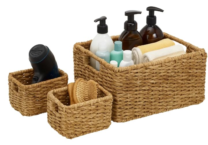 3 Pack Natural Seagrass Woven Storage Baskets Woven Rectangular Organizer Set With Handles Decorative Wicker Bins For Shel...