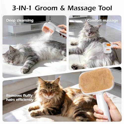 3-in-1 Pet Steam Brush: Rechargeable Grooming Tool with Gentle Mist Spray for Shedding Control, Self-Cleaning, 2-Speed, Wa...
