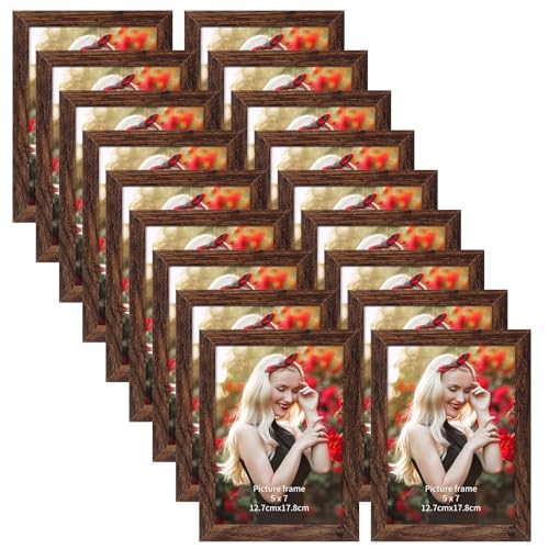 PETAFLOP Wooden Bulk 5x7 Picture Frame Set of 18, Rustic Brown Photo Frames Fits 5 by 7 for Wall or Tabletop Display