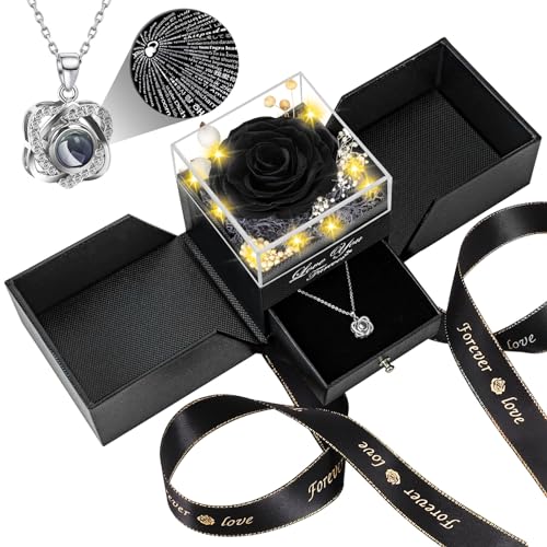 Lebana Preserved Black Real Rose with Heart I Love You Necklace -Mothers Day Gifts for Mom Her Wife Girlfriend Grandma on ...