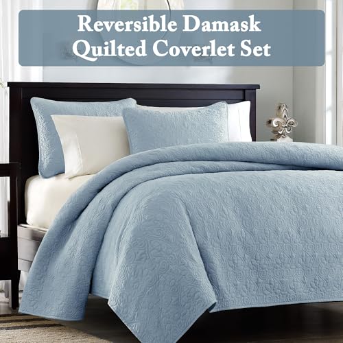 Madison Park Quebec Quilt Set - Luxurious Damask Stitching Design, Cotton Filled Lightweight Coverlet Bedspread Bedding, S...
