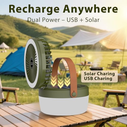 EJYTRVT Solar Camping Fan with LED Light – Rechargeable Portable Fan with 3 Speeds, 4 Lighting Modes, USB & Solar Powered,...