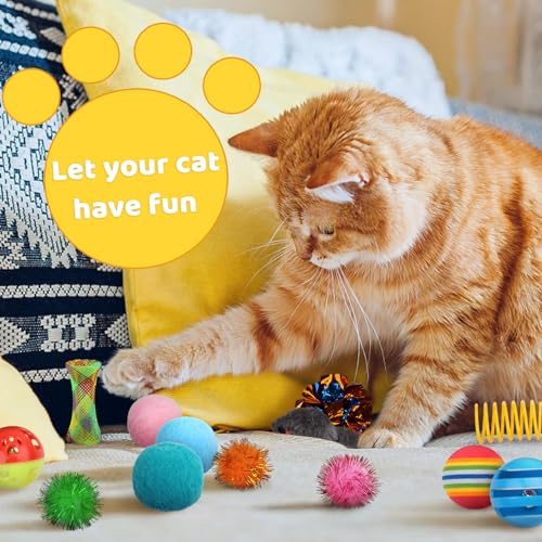 QUOZUO Kitten Toys, 60PCS Cat Balls Springs Toy Set, Cat Mouse Toy, Kitten Sparkle Crinkle Balls Furry Soft Pom Pom