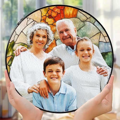 LOVELYPOD Personalized Grandma Stained Glass Sun Catcher, Photo Family Portrait Faux Window Hanging Ornament, Custom Photo...