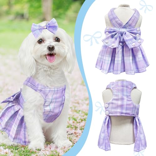 Dog Dress Bowknot Harness Leash Set for Small Dogs Girl Cute Plaid Dog Dress Pearls Bow Tie Spring Summer Princess Clothes...