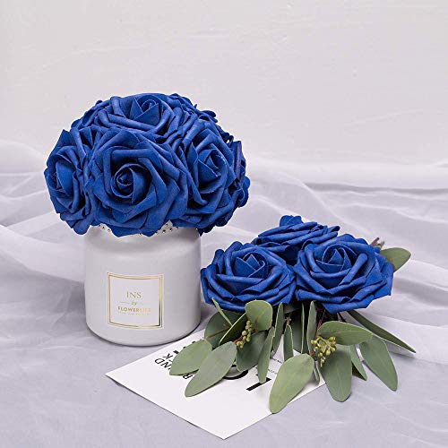 Higfra Artificial Flowers 25pcs Real Looking Royal Blue Foam Fake Roses with Stems for DIY Wedding Bouquets White Bridal S...