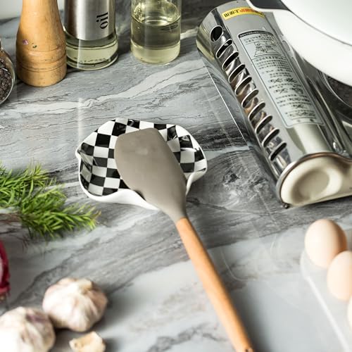 Miamolo Spoon Rest for Stove Top, 5.3in Checkered Spoon Holder Utensil Rest, Ceramic Spoon Rests for Coffee Bar, Kitchen G...