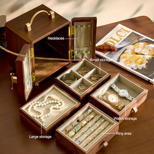 Black Walnut Jewelry Organizer, Wooden Jewelry Box with Gold Handle & Mirrored Flowers, 4 Layers of Storage | Perfect for ...