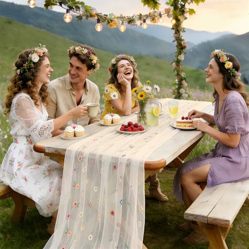 YATOJUZI Champagne Table Runner Embroidery Daisy Summer Floral Decorations Seasonal Tulle Dining Table Runners for Home Ki...