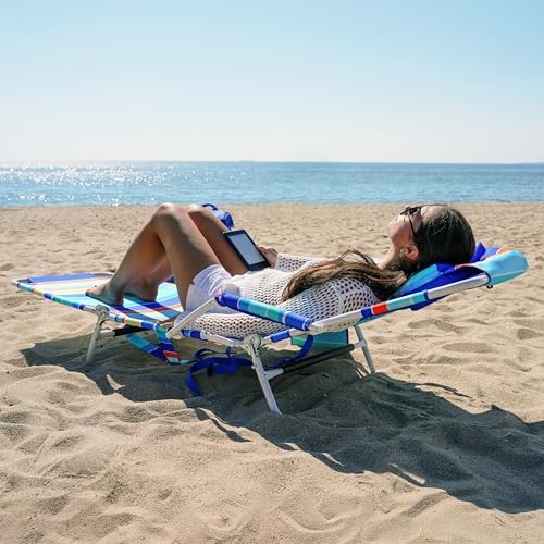 Tommy Bahama Read Through Backpack Beach Lounge Chair with Pillow, Arms, and Cup Holder, Multi-Position Adjustable Folding...