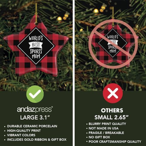 Andaz Press Star Ceramic Porcelain Christmas Tree Ornament Keepsake Gift, World's Best Sports Mom, Plaid, 1-Pack, Birthday...