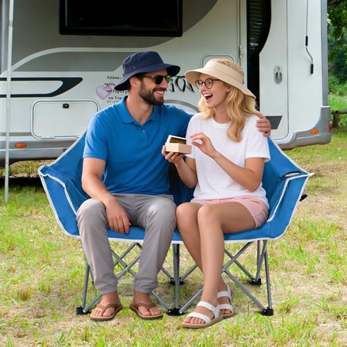 COSTWAY Double Camping Chair for 2, Oversized Folding Loveseat with Armrests, Dual Cup Holders & Carry Bag – Heavy-Duty Po...