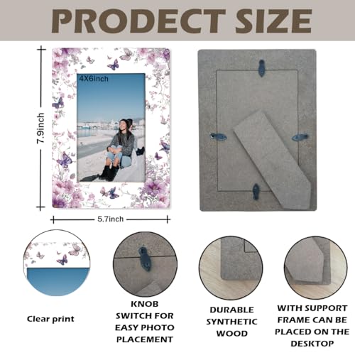 EDQAWN Floral Picture Frame, Purple Blossoms and Butterfly Design Picture Frames, Decorative Photo Frame for Tabletop Disp...