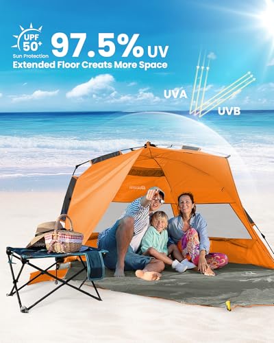 OutdoorMaster Beach Tent Sun Shelter for 3-4 Person, Pop Up Beach Tent Easy Setup with Sandbags, Portable Sun Shade Canopy...