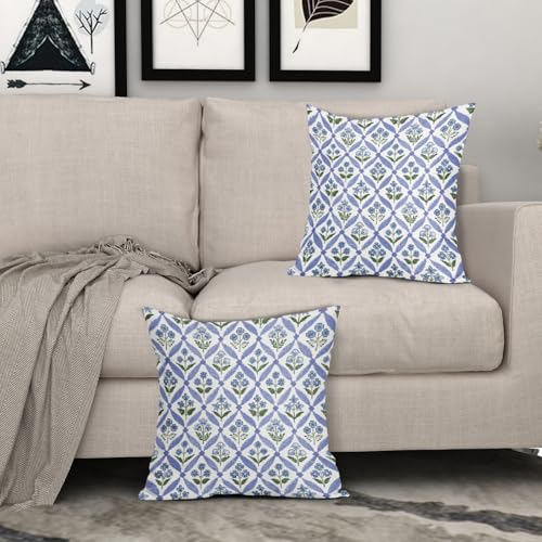 Smozenith Blue Green Floral Block Print Pillow Covers 18X18 Set of 2, Flower Pattern Spring Summer Print Decorative Throw ...