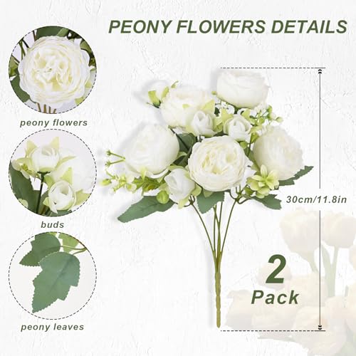 MARTINE MALL 2 Packs Peonies Artificial Flowers, White Artificial Peonies, Silk Peonies Flowers Fake Peonies Artificial Fl...