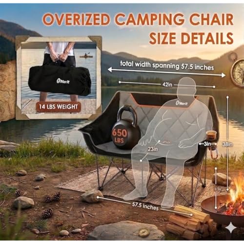 EMERIT Oversized Fully Padded Camping Chair, Heavy Duty 650LB Folding Camping Loveseat, Quad Fold Double Camping Couch wit...