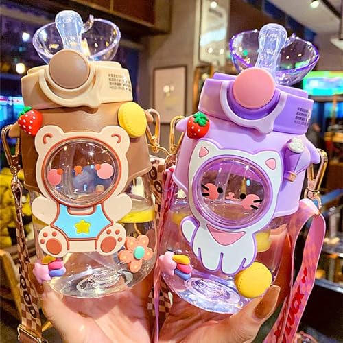Kawaii Water Bottle Cute Water Bottles for Girls, Kawaii Water Bottle with Straw and Adjustable Strap, Portable Leakproof ...