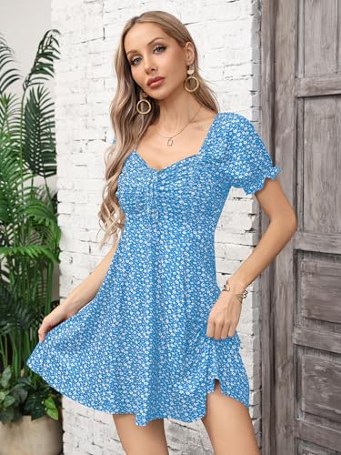 Missufe Women's Puff Short Sleeve Fit and Flare Casual Drawstring Floral Mini Sun Dresses 2025 Summer Vacation