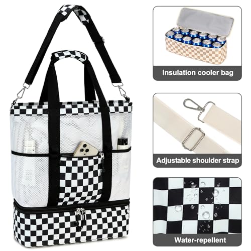 Bluboon Mesh Beach Tote Bag with Cooler Compartment Insulated Detachable Picnic Bag with Zipper and Pocket Pool Bag for Women
