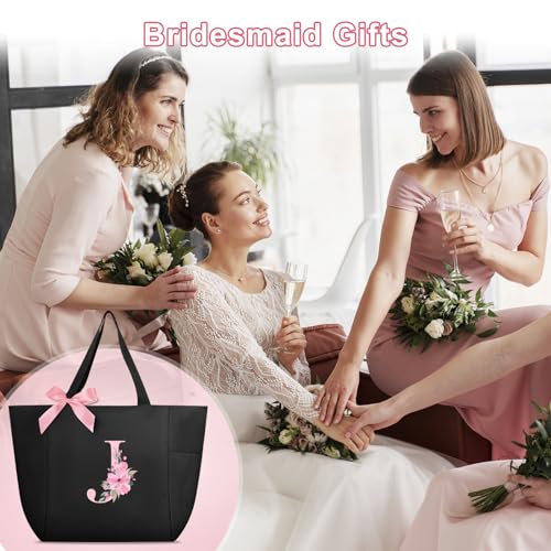 Vavabox Tote Bag, A-Z Initial Monogrammed Waterproof Tote Bag, Bridesmaid Gifts for Women, Black and Pink