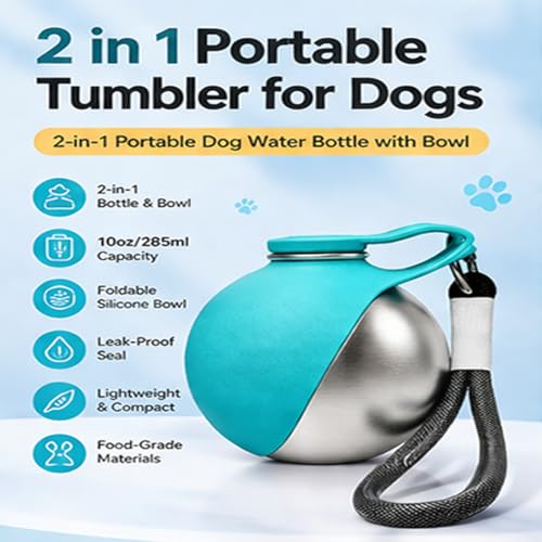 2 in 1 Portable Tumbler for Dogs, 2026 New 10Oz Stainless Steel Dog Water Bottle with Silicone Foldable Bowl, Leak-Proof 2...