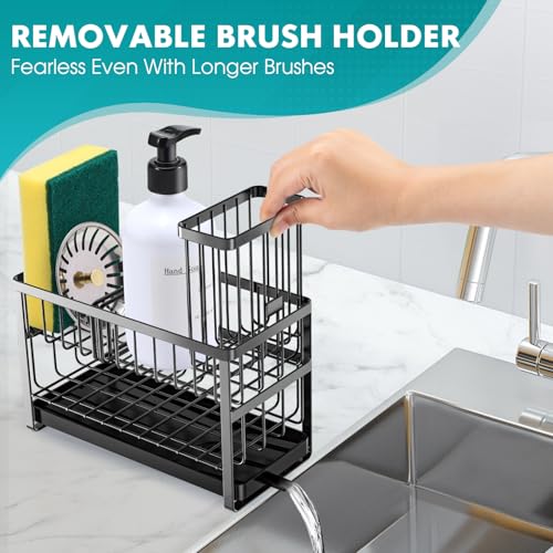 Sinnsally Kitchen Sponge Holder,2 Tier Sink Caddy Organizer with High Brush Holder,Stainless Steel Sink Box Dish Scrubber ...