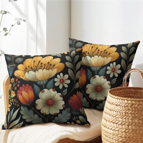 Vintage Boho Floral Pillow Covers 20x20 Inches Yellow Beige Black Throw Pillow Case Set of 2 Spring Flower Pillow Cover Co...