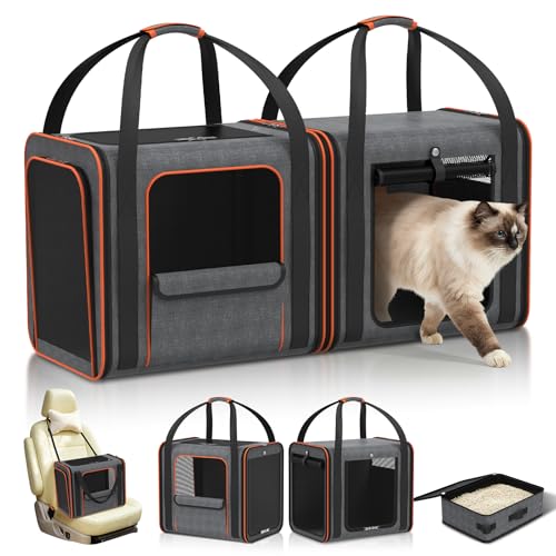 Cat Carrier Bag Large for Travel: 2-in-1 Cat Carrier Soft with Litter Box 34x13x16in Secure The Car Seat for 2 Cats Travel...