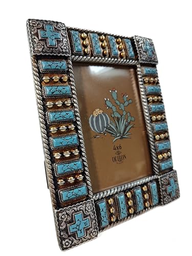 De Leon Collections 14251 Cross Vintage Ornate Turquoise and Brushed Silver Tone 8.5 Inch Polyresin and Glass Western Sout...