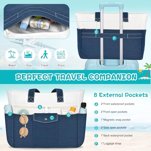 ZENTREON Beach Bags for Women Large Canvas Beach Tote with Zipper Wet Pocket, Waterproof Foldable Swim Pool Travel Tote Bags