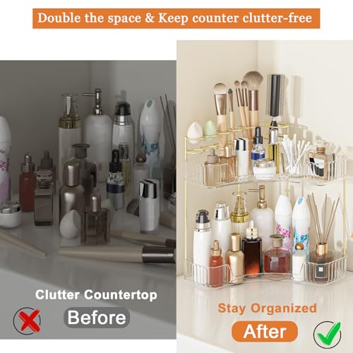 Webetop Corner Makeup Organizer for Vanity, 2 Tier Bathroom Cosmetics Organizer Countertop with Make up Brush Holder Corne...
