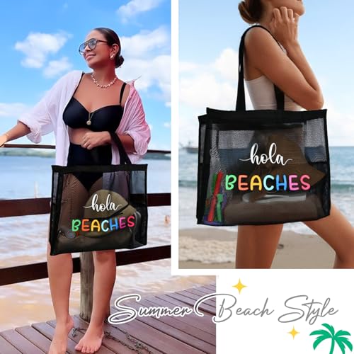 KUIRAN 30L Large Beach Bag with Pouch Foldable Sandproof Lightweight Mesh Tote Bag with Two Pockets for Swimming Travel
