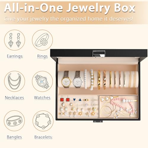 Jolensoy Jewelry Organizer Box with Clear Glass Lid, Bracelet Holder Jewelry Storage Case for Earrings, Rings, Bangles, Wa...