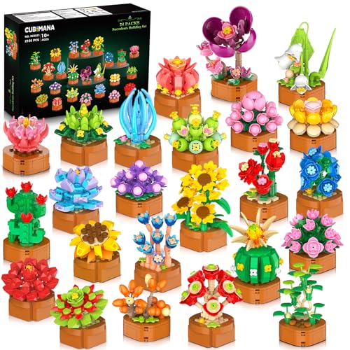 CUBIMANA 24 Pack Mothers Day Flowers Succulents Building Set - 2160PCS Botanical Collection 3.6MM Mini Flower Kit for Home...