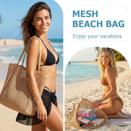 Iioscre Beach Bag for Women, Top-Handle Handbags with Zipper Inner Pocket,Foldable Swim Tote Bag for Vacation Essentials