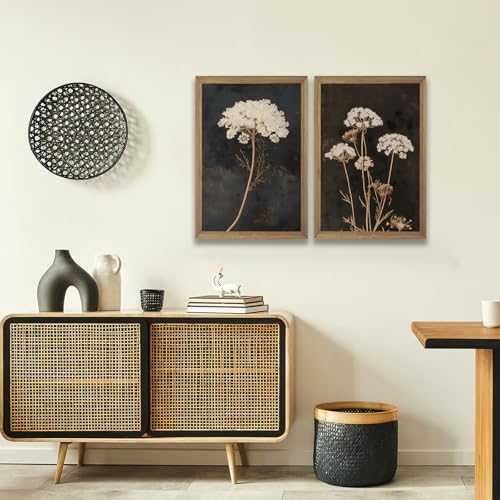 2Pcs Framed Moody Botanical Wall Art with Wood Frame Vintage Queen Anne’s Lace Flower Canvas Paintings Rustic Floral Poste...