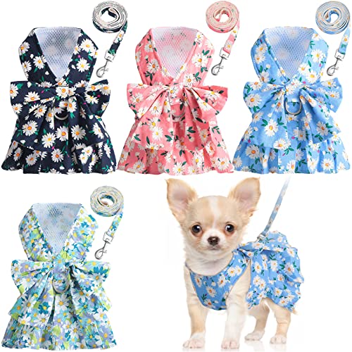 Sanwuta 4 Pack Harness Dog Dress Bowknot Leash Set Floral Princess Dog Harness Dress Vest with Leash Pet Doggy Outfits for...