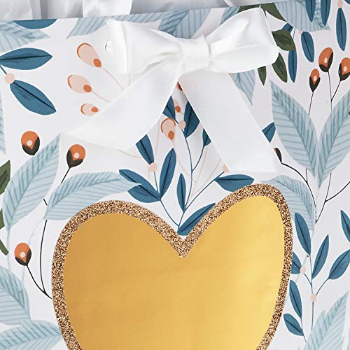 Hallmark 13" Large Gift Bag with Tissue Paper (Green Foliage, Gold Heart) for Weddings, Engagements, Anniversaries, Bridal...