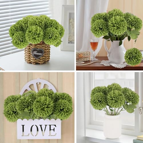 Hananona 12 Pcs Artificial Chrysanthemums Flowers Ball Flower, Fake Mums Flowers Green Silk Flowers for Home Decor Indoor ...