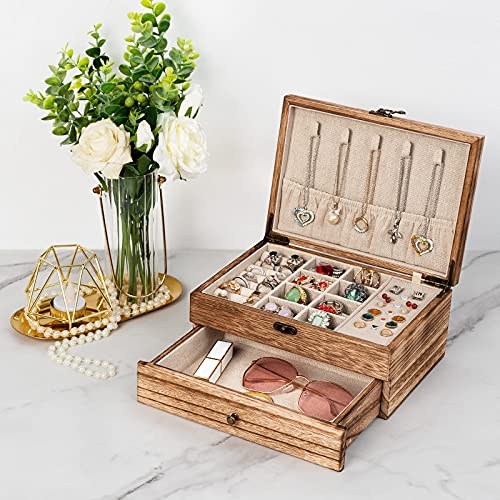 Pinzoveco Jewelry Box for Women, Rustic Wooden Jewelry Organizer Box for Storage Earrings Rings Necklace Bracelet, Farmhou...