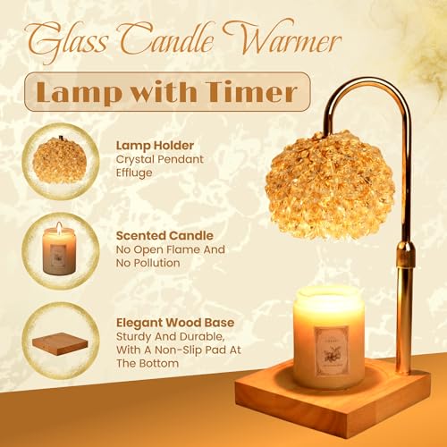 Glass Candle Warmer Lamp with Timer - Adjustable Height Candle Lamp Warmer with Crystal Shade, Timer (8H/4H/2H) - Wax Melt...
