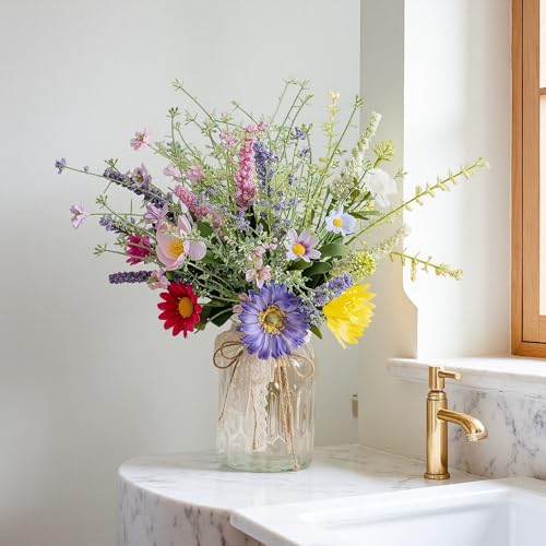 LUEUR Artificial Daisy Flowers Fake Silk Spring Colorful Flowers Fake Wildflowers Greenery Shrubs Plastic Plants Arrangeme...