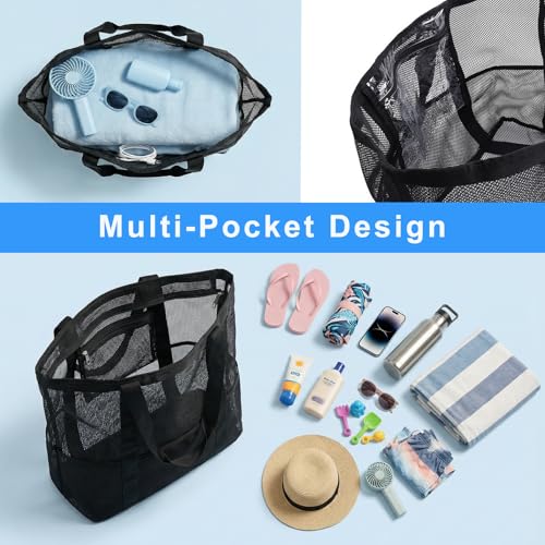 JOYPICKS Mesh Beach Bag-Large Beach Tote for Women Family with Zipper Pocket Toys & Vacation Essentials